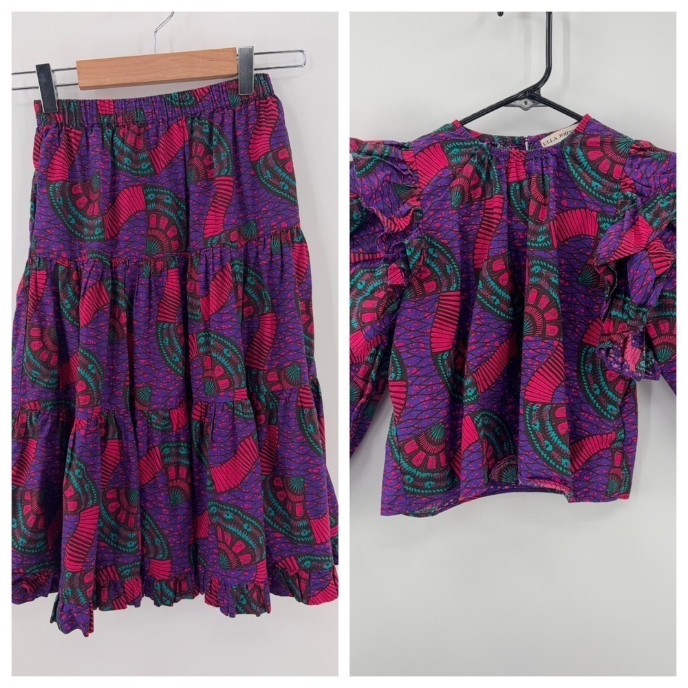 Ulla‎ Johnson Clara Blouse & Stella Skirt Set Kids 6 Purple Tier Cotton Abstract